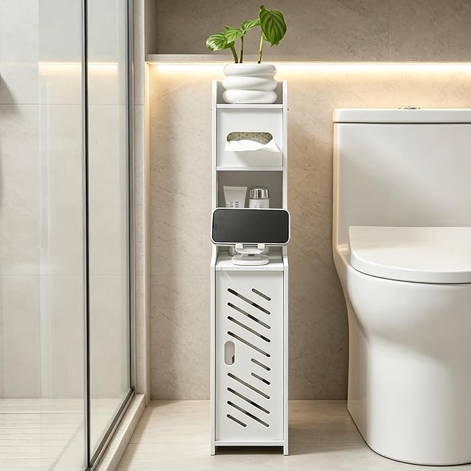 Toilet Paper Holder Stand, Slim Bathroom Storage Cabinet (White) | Narrow waterproof PVC skinny shelf stand and extra tissue paper roll holder. Smart space organizer for small restrooms.