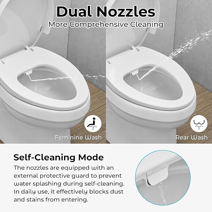 Bidet Toilet Seat,Non-Electric Quiet-Close,Fit Elongated Toilet Seat,Adjustable Water Pressure and Self-Cleaning Dual Nozzles
