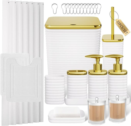 Bathroom Set - 25PC Bathroom Sets with Shower Curtain and Rugs, White Bathroom Set, Bathroom Accessory Set, Luxury Bathroom Accessories Set, Trash Can, Toilet Brush, Soap Dish & Soap Dispenser