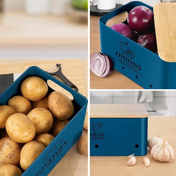 Kitchen Vegetable Storage Set of 3, Metal Onion Garlic Potato Storage Set, Kitchen Canisters Vegetable Keeper Containers with Aerating Holes and Bamboo Lid,Dark Blue