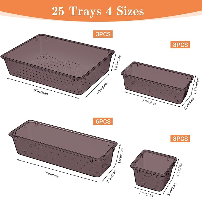 SpaceHacks 25 PCS Plastic Drawer Organizer, 4-Size Versatile Organizer Trays & storage Bins