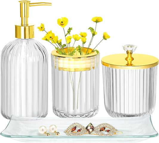 Bathroom Accessories Set, 4Pcs Clear and Gold Glass Bathroom Accessories Sets Complete w/Lotion Soap Dispenser, Toothbrush Holder, Apothecary Jar, Vanity Tray, Bathroom Decor | Kit w/ Bathroom Soap Dispenser Set, Toothbrush Holder, Qtip Holder, Vanity ...