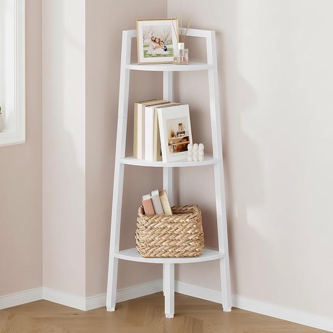 Hoctieon Corner Shelf, 3-Tier 40" Tall Corner Bookshelf, Rustic Ladder Shelf, Industrial Display Stand for Living Room, Kitchen, Home Office, Balcony, Small Space, Metal Frame, White