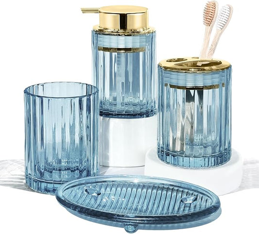 CERBIOR Bathroom Accessories Set, 4 PCS Glass Bathroom Set,Golden Blue | Includes Soap Dispenser, Toothbrush Holder, Toothbrush Cup, Soap Dish for Decorative Countertop and Housewarming Gift
