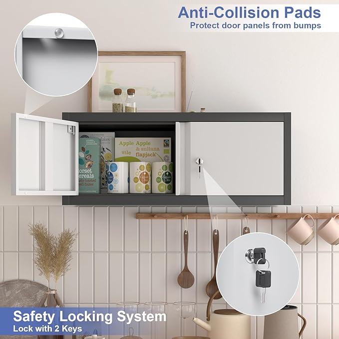 Metal Garage Storage Cabinet, Locking Cabinet Wall Mounted, 13" H Floating Cabinet for Warehouse, Upper Tool Cabinet for Home Office, Basement, Kitchen, RV Organization