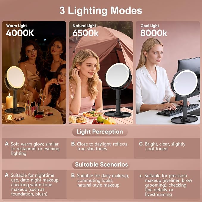 Rechargeable Lighted Makeup Mirror,10X Magnification, 8 Inch | 3 Adjustable Light Colors, Rechargeable Cordless Design, Adjustable Height, Storage Base with Phone Holder,Touch Control