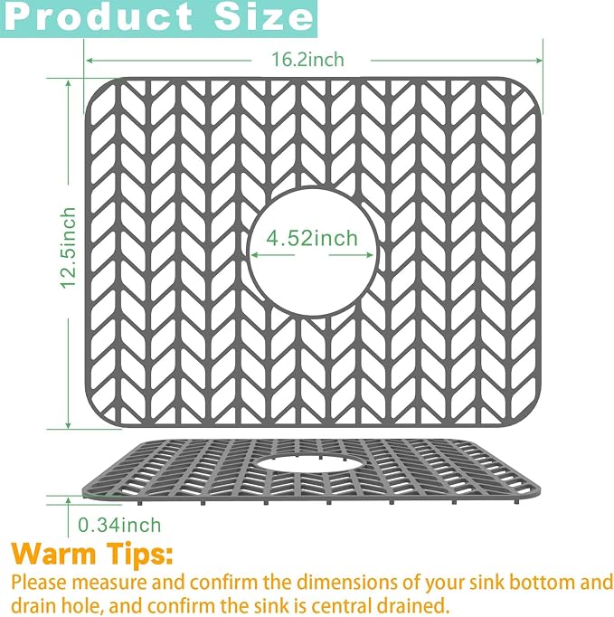 AWOKE Sink Protectors for Kitchen Sink | 16.2"x 12.5" Kitchen Sink Mats for Bottom of Kitchen Sink | Sink Inserts for Kitchen Sink of Stainless Steel Sink | Center Drain (Grey)