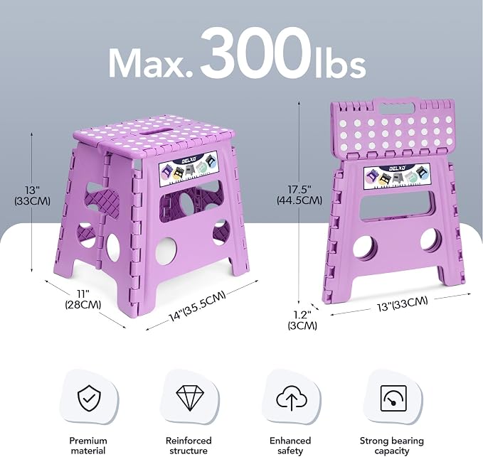 Delxo Folding Step Stool 13 Inch,300 Lbs Step Stool for Adults Purple | Foldable Step Stool 13",Non-Slip Foot Stools with Handle,Lightweight Collapsible stools for Kitchen,Bathroom,Bedroom,Garden