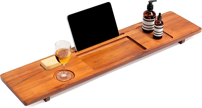 39 Inch Teak Bathtub Tray for Freestanding Tubs, Luxury Bath Caddy | Heavy-Duty Non-Slip Zero-Wobble Design, Water-Resistant Spa Organizer with Wine Glass & Phone Holder