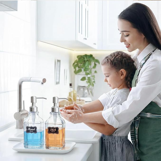 JASAI 2Pack Hand&Dish Glass Soap Dispenser with Rust Proof Pump & Stickers | Kitchen Soap Dispenser with 304 Stainless Steel Pump, Premium Bathroom Soap Dispensers for Dish Soap, Hand Soap，Lotion