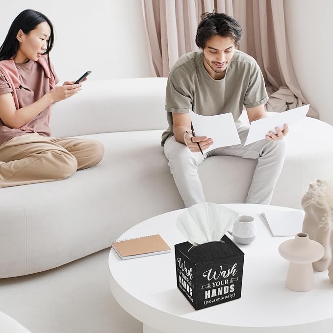 Bathroom Tissue Box Covers Square - Wash Your Hands, Leather Tissue Box Holders Decorative for Home Bathroom Restroom Shelf, Square Facial Paper Organizer Home Decor -029