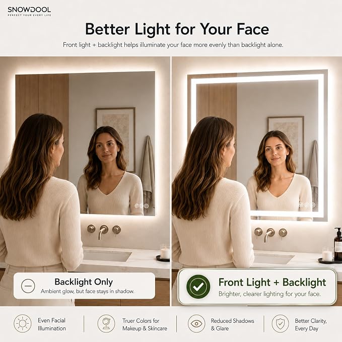 Snowdool 40 x 36 in RGB LED Bathroom Mirror, Front and Backlit, Anti-Fog | 8 RGB Backlight Modes, 3 Front Light Colors, Anti-Fog, Tempered Glass