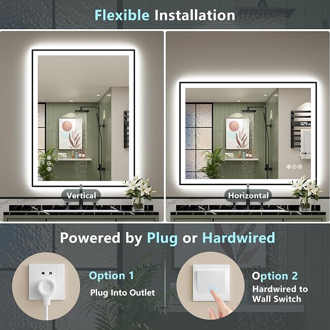 40x36 Black LED Bathroom Mirror, Backlit & Front Lit Lighted Mirror | Metal Framed Anti-Fog Vanity Mirror with Lights, 3 Color Dimmable, Memory, Tempered Glass, CRI95, IP54, Horizontal/Vertical