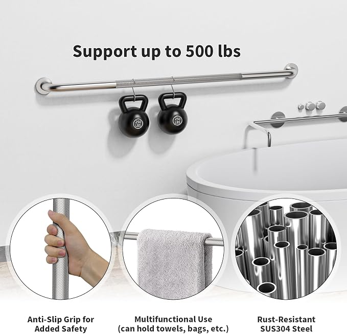 ZUEXT 48 Inch Brushed Nickel Anti Slip Shower Grab Bar with Knurled Grip | Extra Long Handicap Grab Bar for Wall, Stainless Steel Bathroom Handrail, Safety Support Bar for Seniors Elderly, 1.25" Dia