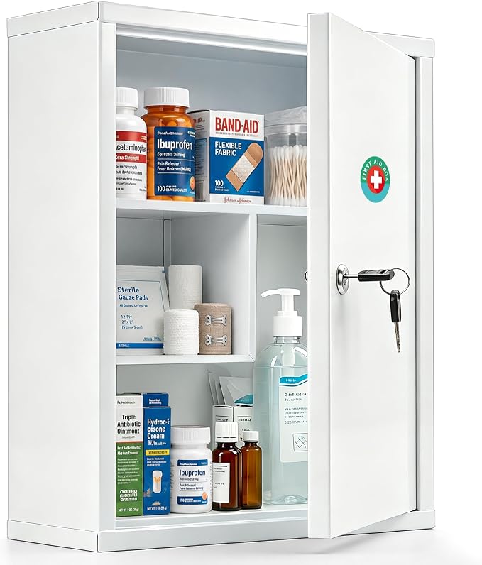 KYODOLED Wall Mount Locking Medicine Cabinet, Large Capacity First Aid Cabinet for Bathroom, Medicine Cabinet with Key, Secure Steel Lock Box for Medication, 15.75" H x 11.82" W x 4.72" D, White