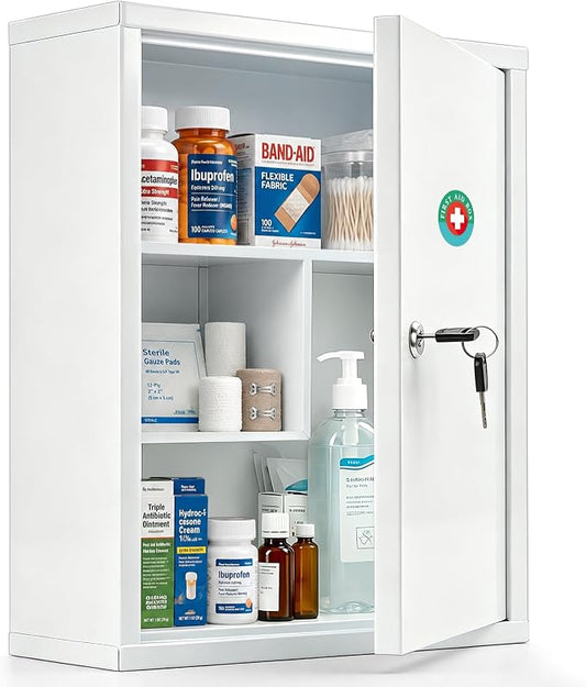 KYODOLED Wall Mount Locking Medicine Cabinet, Large Capacity First Aid Cabinet for Bathroom, Medicine Cabinet with Key, Secure Steel Lock Box for Medication, 15.75" H x 11.82" W x 4.72" D, White