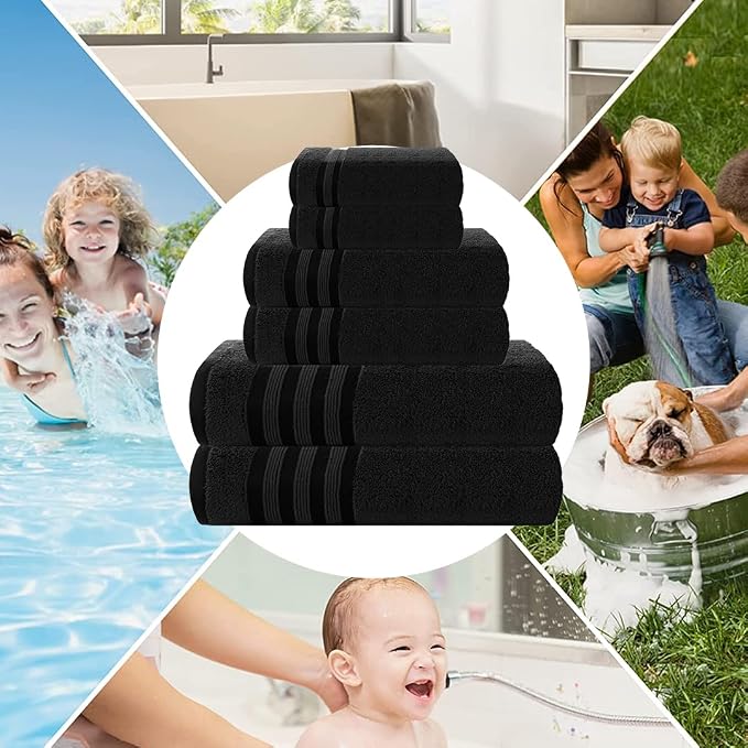 CASA COPENHAGEN 6pcs Bathroom Towel Gift Set, 600GSM, Black | Zero Twist 100% Egyptian cotton,2 Bath Towel , 2 Hand towel , 2 Washcloths Towels. (Gift Set for Women & Men)