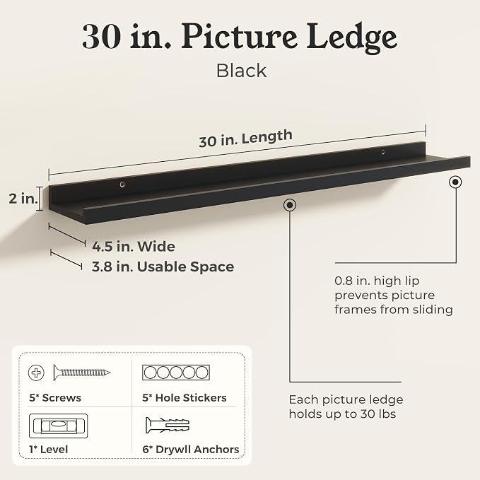 Black Picture Ledge Shelves for Wall, 4.5" Deep Wood Floating Shelves with Lip for Bedroom, Living Room, 30" Width, Color Black Set of 2