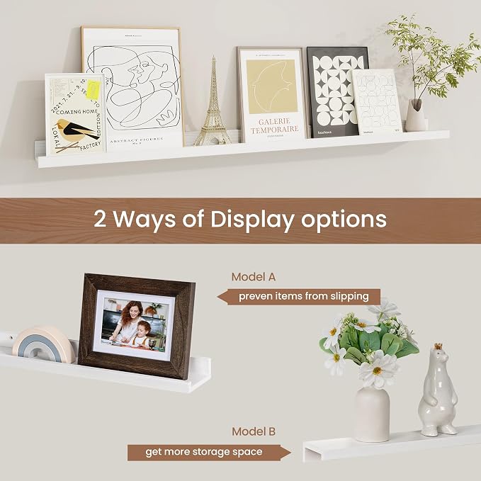 Picture Ledge Shelf, Floating Shelves Set of 2, 40 Inches Solid Wood Nursery Book Shelves for Toys Storage, Kids Bookshelf Wall Mounted for Living Room Bedroom Decor Books Photo Frames, White