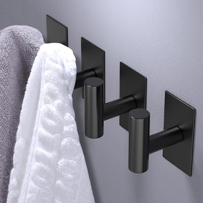 VAEHOLD Wall Towel Hooks, Heavy Duty Sticky Holder Waterproof Towel Hooks for Hanging Coat, Clothes, Closet Hook Wall Mount for Kitchen (Black, 4 Pack)