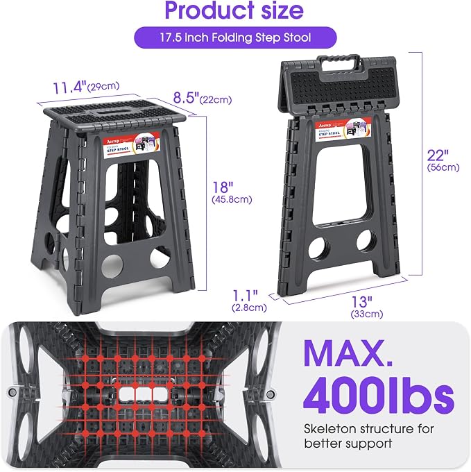 17.5 Inch Heavy Duty Folding Step Stool, 400 lbs, Dot Grey | Collapsible Stepping Stool for Adults with Handle and Non-Slip Surface, for Kitchen, Garage, Bedroom and Outdoor Tasks