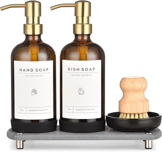 [Luxury] Kitchen Soap Dispenser Set - 16OZ Amber Glass Bottle, Stainless Steel Pump, Instant Dry Tray, Waterproof Labels, Non-Slip Silicone Pad, and Dish Brush | Upgrade for Your Kitchen and Bathroom