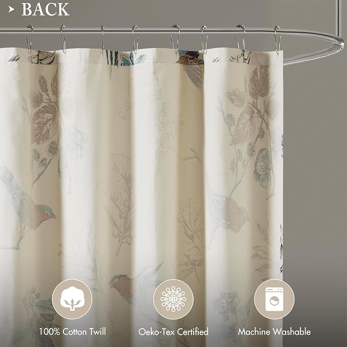 Madison Park Farmhouse Cotton Shower Curtain, 72"x72", Khaki | Bird & Leaf Print, Shower Curtains for Bathroom, Modern Country Bathroom Décor, Machine Washable