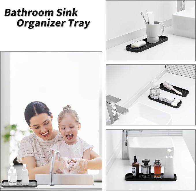 MicoYang Silicone Kitchen Sink Organizer Tray for Multiple Usage,Eco-Friendly Sponges Holder for Kitchen Bathroom Counter or Sink,Dish Soap Dispenser,Scrubber,Bottle,Cup (Black, 12"×4")