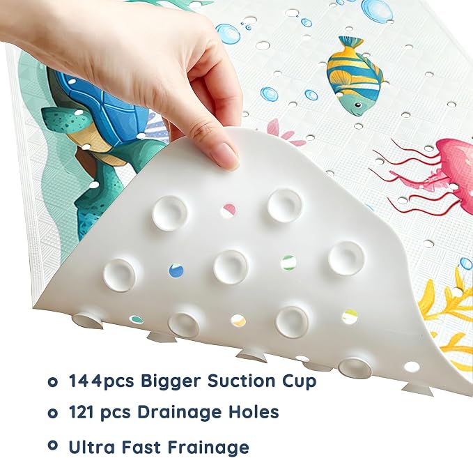 LNOND Bath Mat for Tub for Kids, Toddler Bathtub mat Non Slip, Sea Mermaids Kids Bath Mats for Bathroom Non Slip with Drain Holes and Suction Cups,Machine Washable (40 X 16 Inch)