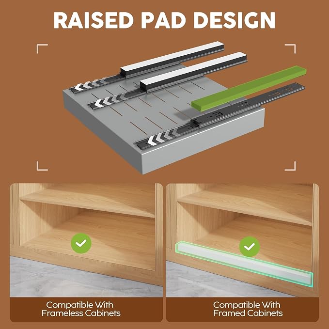 Seinloes 2 Pack Expandable Pull Out Cabinet Organizer 21"Deep With Raising Pad for Framed Cabinets,Upgrade 3 Slide Rails Slide Out Drawers,Roll Out Shelves Adhesive,Adjustable Width 12.05"-20.4"Silver