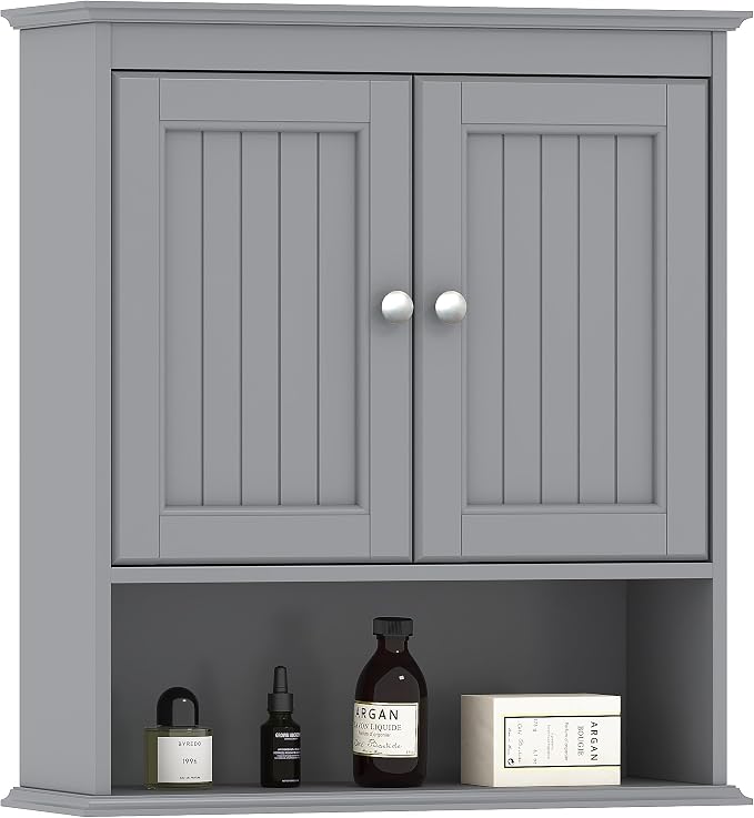 Spirich Bathroom Medicine Cabinet Over Toilet, Wall Mounted Cabinet, Gray | FSC-Certified Engineered Wood, Hidden & Open Storage, Adjustable Shelf, Modern Beadboard Design for Bathroom Kitchen Laundry