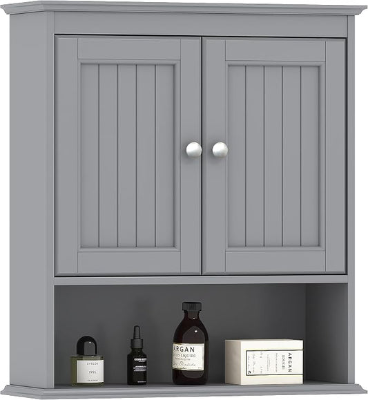 Spirich Bathroom Medicine Cabinet Over Toilet, Wall Mounted Cabinet, Gray | FSC-Certified Engineered Wood, Hidden & Open Storage, Adjustable Shelf, Modern Beadboard Design for Bathroom Kitchen Laundry
