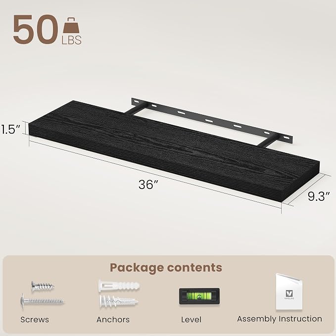 Vivelove Floating Shelves 9 inch Deep 36”Long Set of 2, Black | Easy Install With Hardware, 1.5" Thick, Invisible Brackets, Wall Mounted, No Sagging, For Any Room