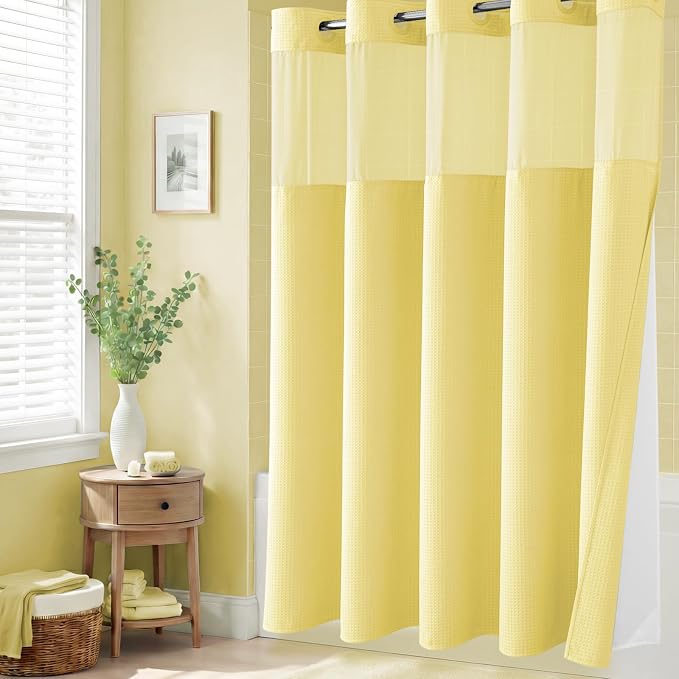 Yellow Hook Free Waffle Shower Curtain & Snap Fabric Liner,72x75 | Less Time to install, 3 in 1 Fabric Shower Curtain and Liner Set with Magnets, Mesh Top Window, Shower Curtains for Bathroom