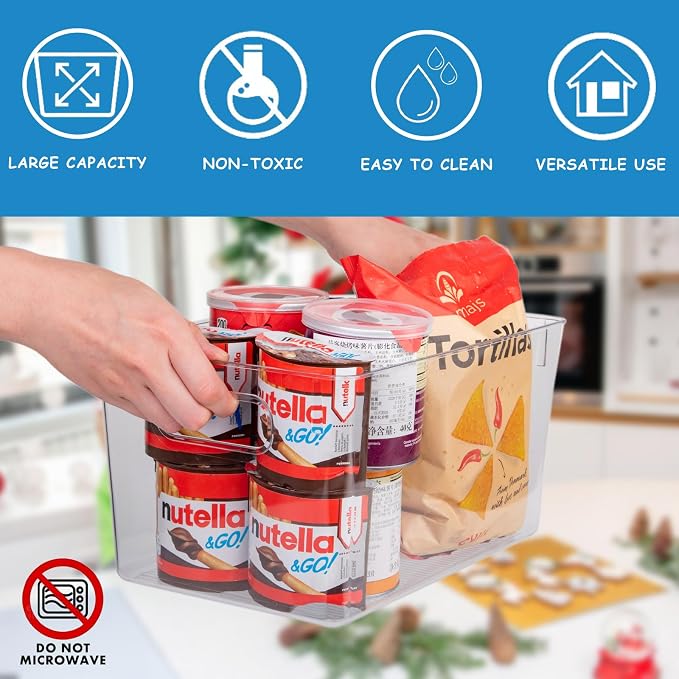 Set of 8 Pantry Organizers and Storage, Clear Plastic Bins(4L+4S) | BPA-free PETG storage containers with handles, ideal for kitchen, fridge, bathroom, cabinet, office, and garage organization