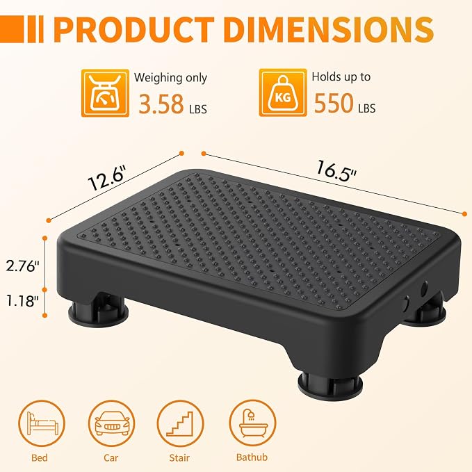 Ronlap Small Step Stools for Adults Car Step Stool for Elderly, Black-Black | Adjustable short one-step plastic platform for seniors & mobility assistance, use by bed, shower, car, RV, stairs & outdoor