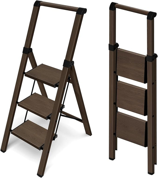 HillhutApex Aluminum 3 Step Ladder, Step Stool Foldable Ladder(Walnut) | Stepladder with Handgrip,Anti-Slip Pedals,330lbs Capacity,Lightweight Folding Ladder for Home,Office,Libaray