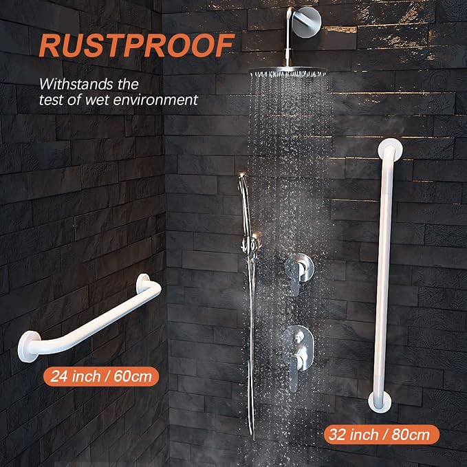 White Safety Bar 32 Inch, Shower Grab Bar for Senior | Anti-Slip Knurled Grip, 1.25" Diameter, Stainless Steel Bathroom Handrail for Elderly, Handicap Support Bars, Wall Mounted