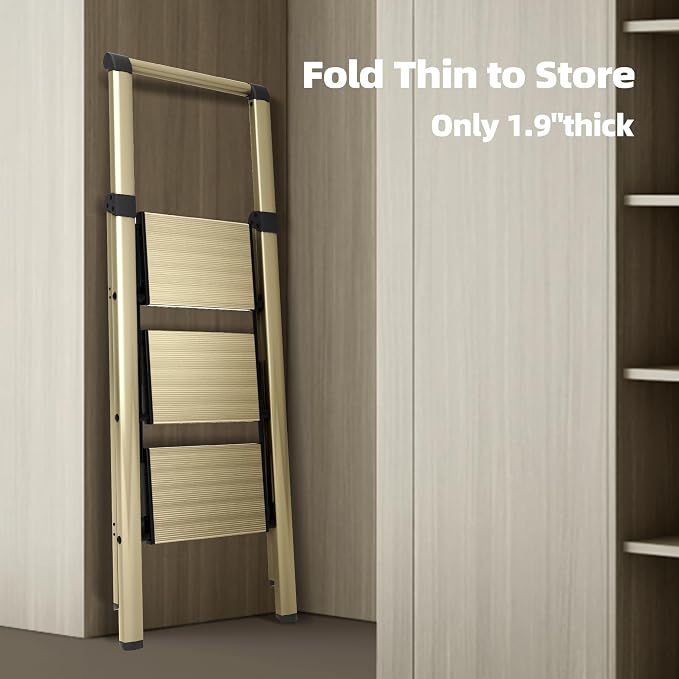HillhutApex Aluminum 3 Step Ladder, Step Stool Foldable Ladder(Gold) | Stepladder with Handgrip,Anti-Slip Pedals,330lbs Capacity,Lightweight Folding Ladder for Home,Office,Libaray