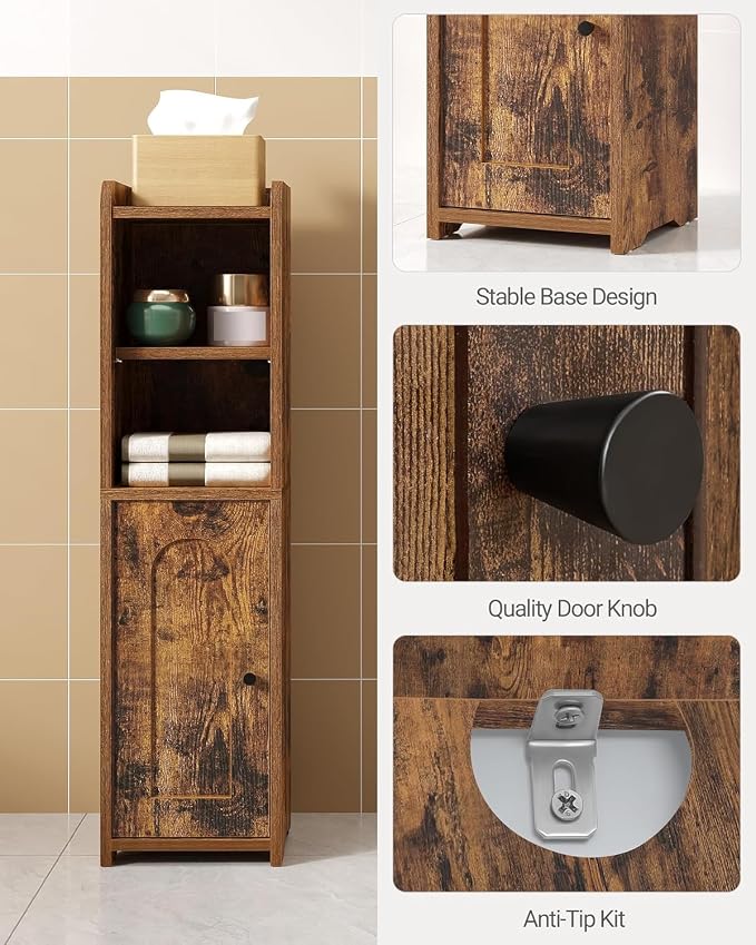 Hzuaneri Bathroom Storage Cabinet, Narrow Toilet Paper Cabinets with Doors | Small Corner Floor Cabinet with Doors and Adjustable Shelf, Bathroom Organizer for Small Spaces, Rustic Brown BC19701X