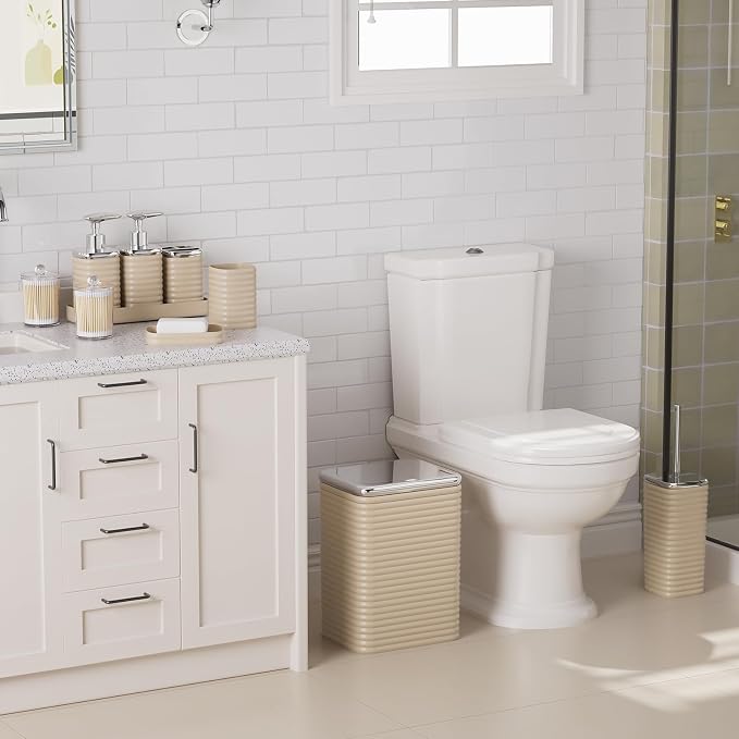 Bathroom Set - 10PC Bathroom Accessory Set, Beige Bathroom Set, Luxury Bathroom Accessories Set, Trash Can, Toilet Brush, Soap Dish, Qtip Holder & Soap Dispenser