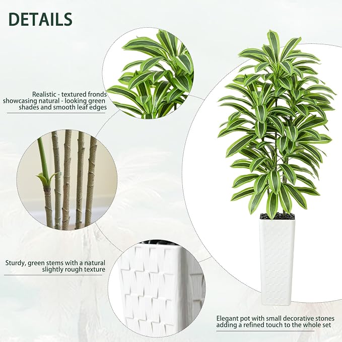 Artificial Yellow Dracaena Tree Indoor, 7FT Tall Fake Floor Plants with White Planter & Pebbles, Faux Silk Yucca Tree for Home Office Living Room Bedroom Farmhouse Modern Outdoor Topiary Tree