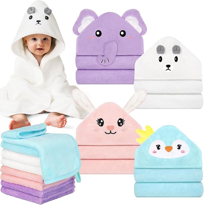 12 PCS Baby Bath Towels Set for Infants Toddlers Essentials | 4 PCS Baby Towels & 8 PCS Washcloths Set, Cute Animal Hooded, Ultra Absorbent & Soft, Newborn Shower Gifts for Boys & Girls