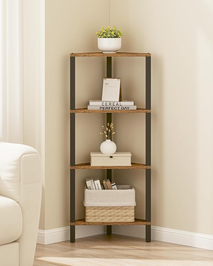 TUTOTAK Corner Shelf, 4-Tier Corner Bookshelf for Small Space | Narrow Display Corner Shelf Stand with Storage Rack, for Living Room, Bedroom, Rustic Brown BS05BB004