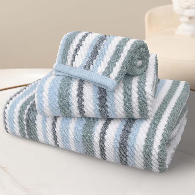 VOOVA & MOVAS Blue Striped Towels 3 Pack, 100% Cotton | Designed for Luxury Bathroom Use, 13x13, 16x27, 28x52 In, Quick Dry, Soft, Absorbent, Bath Towels with Hanging Loops