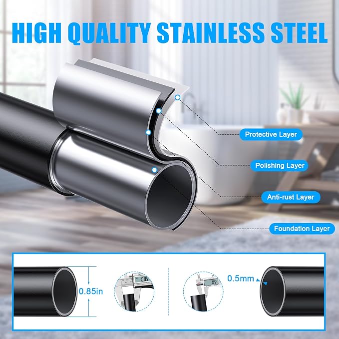 TEECK 2 Pack Shower Curtain Rod, 32-68 inch Adjustable Spring Tension Curtain Rod, Never Rust Anti-Slip Shower Curtain Rod for Bathroom, No Drilling, Never Collapse, Easy to Use, Black