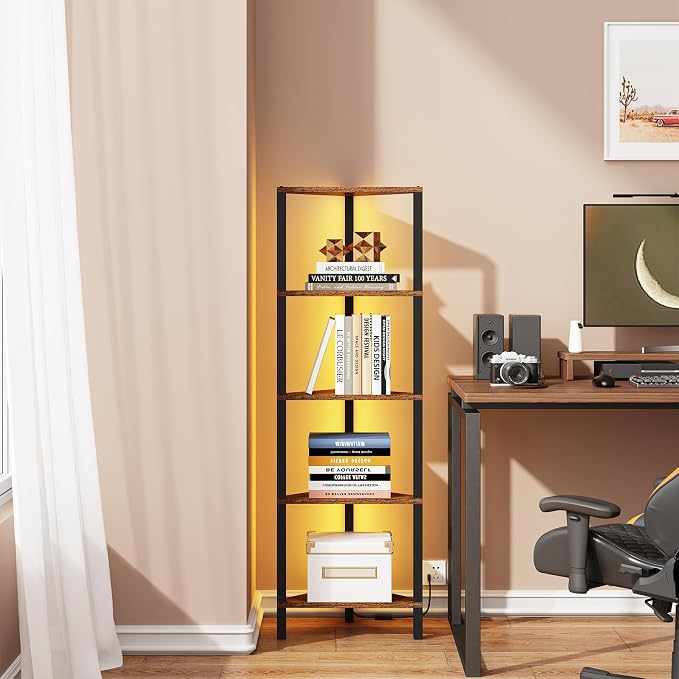TUTOTAK Corner Shelf with LED Light, 5-Tier Corner Bookshelf | for Small Space, Narrow Display Corner Shelf Stand with Storage Rack, for Living Room, Bedroom, Rustic Brown BS05BB005L