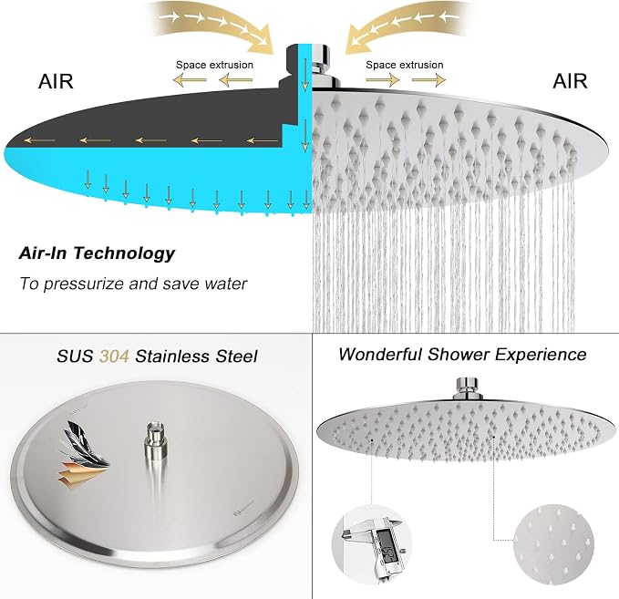 NearMoon Rain Shower Head, Ultra-Thin Design-Pressure Boosting, Awesome Some Experience, High Flow Stainless Steel Rainfall Head (16 Inch, Brushed Nickel)