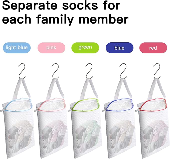 5-Pack Hanging Mesh Laundry Bags with S Metal Hooks, 10x12 Inch | Durable mesh, rustproof S hooks. 5 colors. For socks, delicates, toys, balls. Machine wash. Travel, dorms, sports.