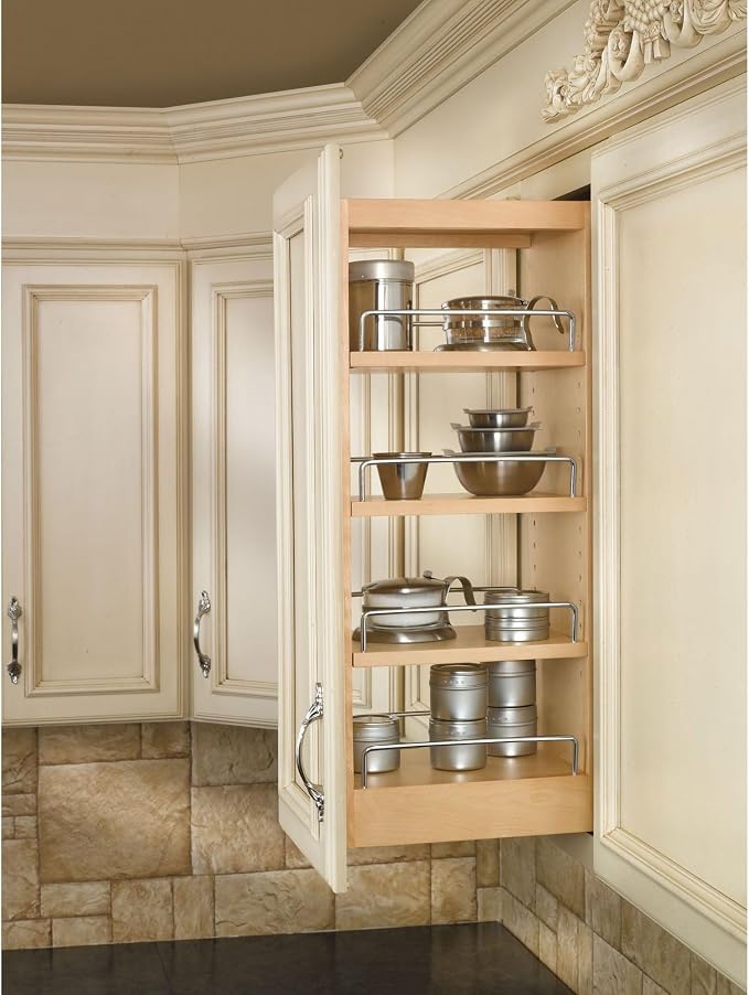 Rev-A-Shelf 8" Pullout Storage Organizer for Wall Kitchen Cabinets, Sliding Adjustable Shelves for Spice Rack or Cans, Wood and Chrome, 448-WC-8C